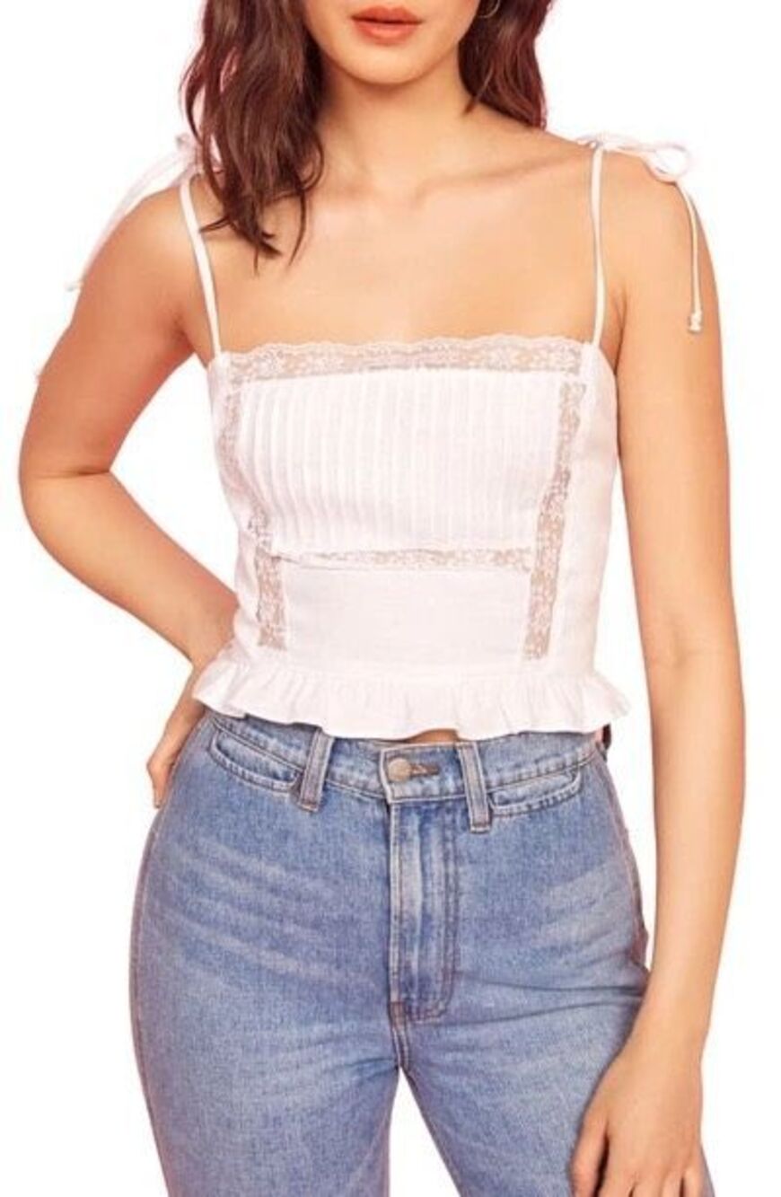 Reformation Mason Tie Strap Crop Tank Top In White Size 8